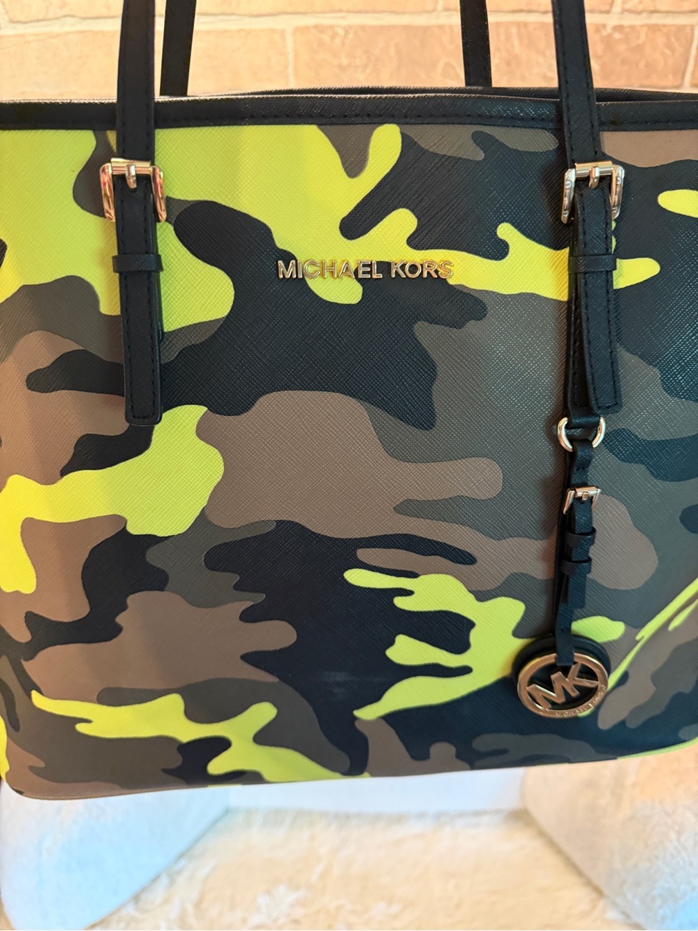Michael Kors Yellow & Olive Camo Leather Tote - Picture 2 of 9